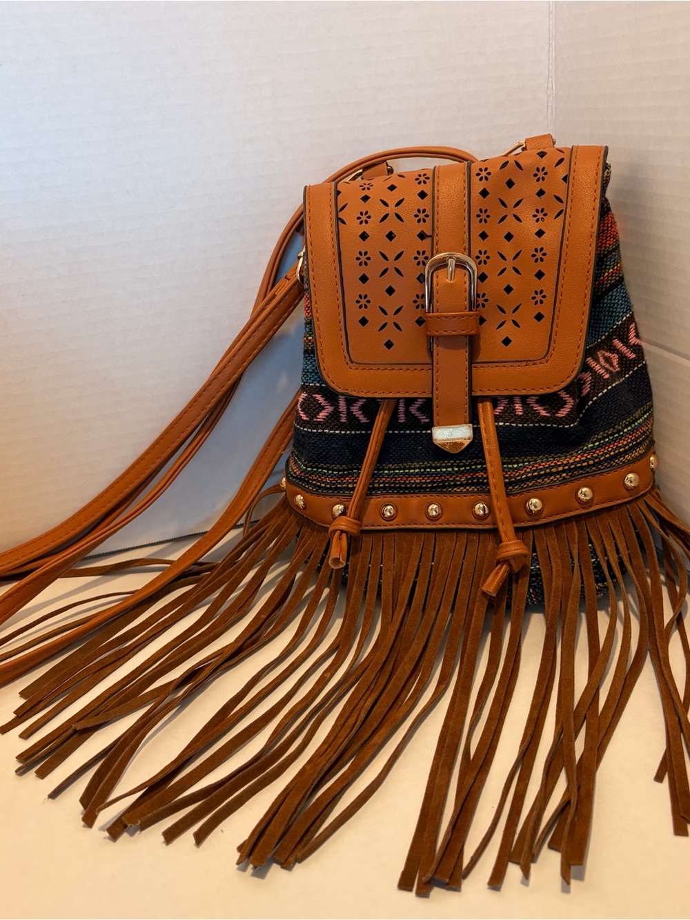 Source Unknown Tan Fringe Backpack with Patterned Woven Panel